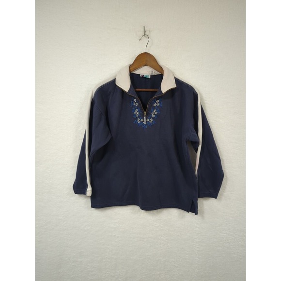 Vintage Grandma Sweater Blue 1/4 Zip Floral Embroidery 90s Women's M - Picture 1 of 9